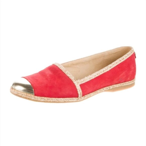 STUART WEITZMAN |Suede Espadrille Flats Wicker Trim Gold Toe Loafers Red Sz 8.5N - Picture 1 of 7
